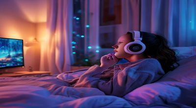 用户戴耳机在夜晚卧室收听ASMR助眠音频，温暖床头灯光，画面宁静治愈