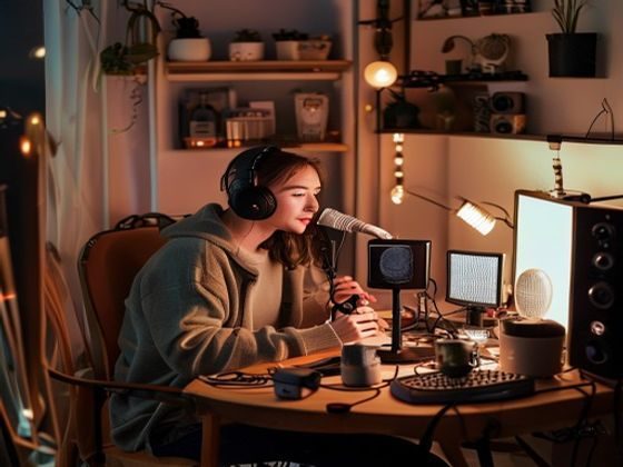 ASMR创作者坐在布置温馨的录音角落，面对麦克风轻声录制，周围摆放各种触发道具，画面温暖专注